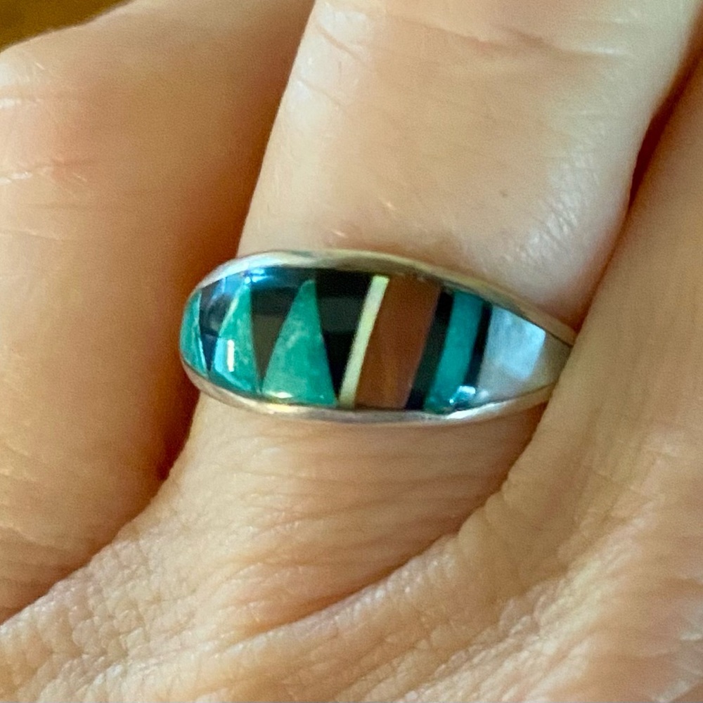 T. Bowannie Zuni Sterling Silver Inlay Multi Stone Ring Size 7